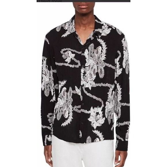 ALL SAINTS Shirt Men’s XXL Black Kumu Long Sleeve Viscose Hawaiian - Picture 1 of 7
